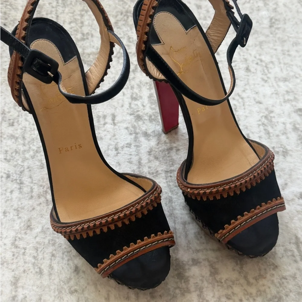 Christian Louboutin Black and Brown Leather Platform Sandals Size 41